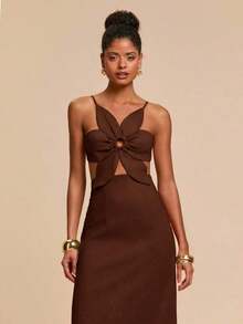 xheTravachic Vestido casual con tirantes sin espalda y pétalos, con flores tridimensionales, estilo vacacional, atuendos de vacaciones para mujer, atuendos de playa, vestidos de verano para mujerxhe - Marrón - Ver 7