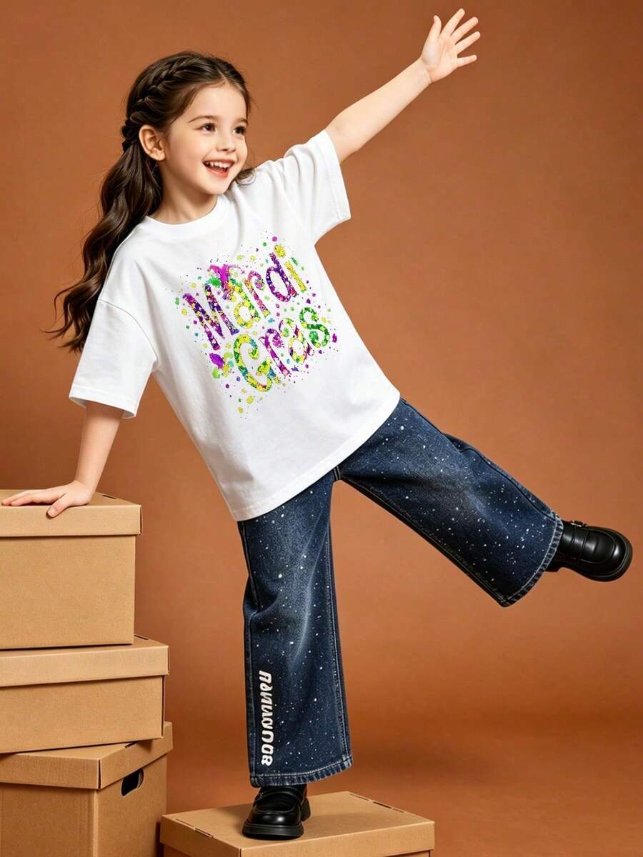 Camiseta informal de manga corta y cuello redondo Para niña suave con estampado de Mardi Gras, ideal para primavera y verano.White - Blanco - Ver 1