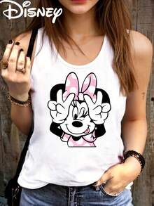 Disney Official Licensed Minnie Mouse Winking Peace Sign Tank Top For Women, Cute Polka Dot Bow Graphic Tee, 100% Polyester Soft Casual Racerback Vest - White - View 1