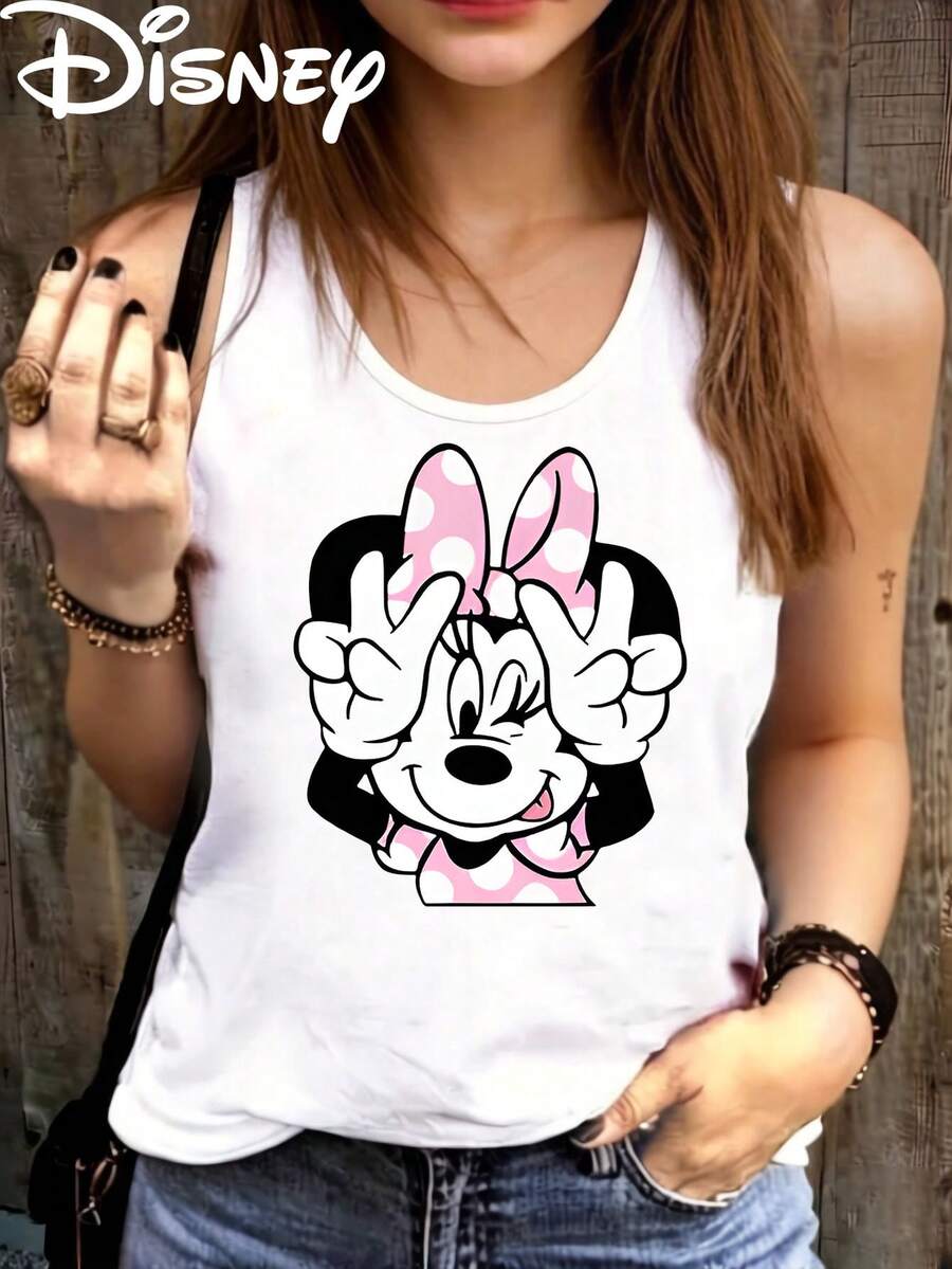 Disney Official Licensed Minnie Mouse Winking Peace Sign Tank Top For Women, Cute Polka Dot Bow Graphic Tee, 100% Polyester Soft Casual Racerback Vest - White - View 1
