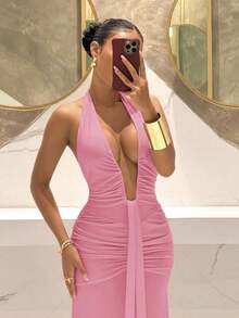 2026 Nuevo Vestido de sirena de cuello en V profundo elegante, adecuado para fiesta, cumpleaños, bar, discoteca, San Valentín, Halloween, Navidad - Marrón - Rosa - Ver 4