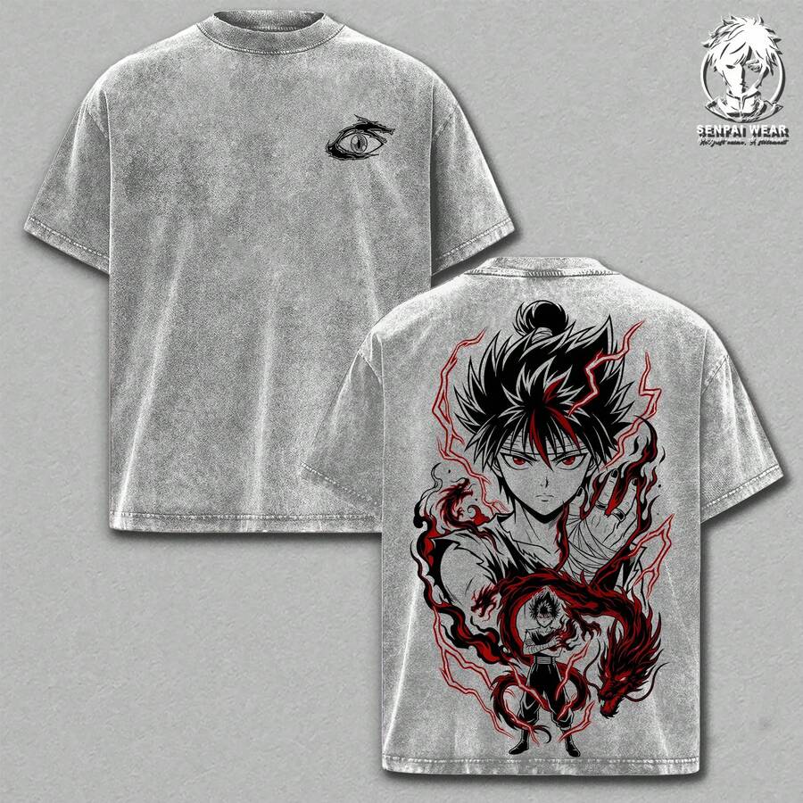 Hiei – YuYu Hakusho Oversized Anime Graphic T-Shirt, Thick Cotton T-Shirt With Acid Wash Effect, Vintage Manga Streetwear, Unisex Casual Wear, Anime Merchandise, Gift For Anime Fans - 灰色 - 查看 1