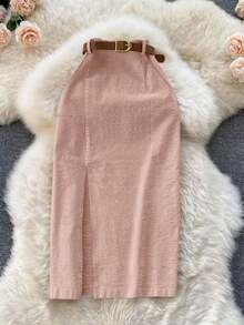 Women's Solid Color Corduroy Skirt With Pocket And Slit With Belt - Pale Pink - View 1