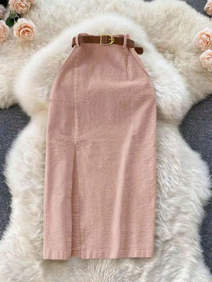Women's Solid Color Corduroy Skirt With Pocket And Slit With Belt - Pale Pink - View 1