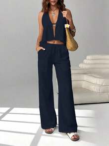 2 piezas Conjunto casual de vacaciones para mujer con top halter sin espalda y pantalones en color caqui tejido - Azul marino - Ver 7