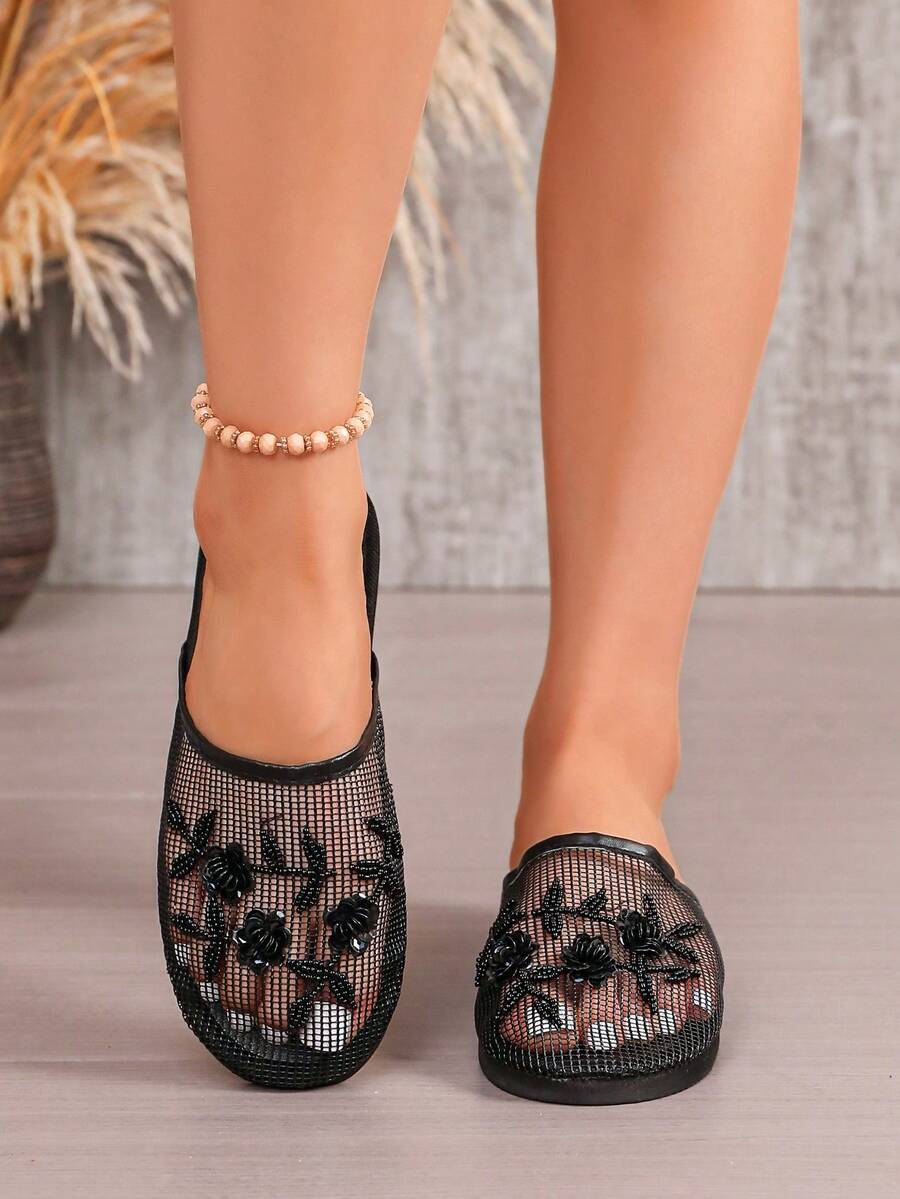 Women's Classic Retro Handmade Beaded & Floral Decoration Flat Sandals, Breathable Mesh, Lightweight & Soft Indoor Slippers, Bohemian Style Fashion Sandals - 黑色 - 查看 1