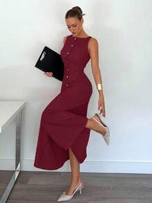 Vestido de algodón con rayas de color azul claro elegante, vestido maxi sin mangas de verano elegante para mujeres, conjunto de vestidos ajustados con botones delanteros sexy, ropa de trabajo retro y elegante, vestido largo cómodo y transpirable para vacaciones - Burdeos - Ver 11