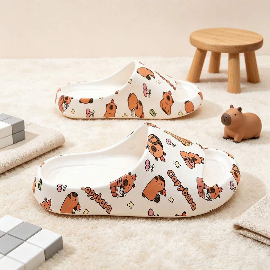 Kids' Comfortable Slippers, Anti-Slip Fashionable Cute Allover Print Cartoon Capybara Strap Slides, Lightweight & Breathable Sandals For Boys