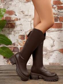Women's Back Zipper Thick Sole Knee-High Boots Fashion High-End Autumn/Winter Style Premium Fabric Riding Boots Knee-High Boots Women's Boots - Coffee Brown - View 6
