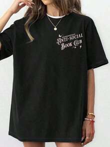 Club de Lectura Antisocial, Literatura de Calaveras, Ratón de Biblioteca Introvertido, Camiseta Casual de Manga Corta con Cuello Redondo Estampada, Top de Verano para Mujer. Conjuntos de Verano para Mujer 4SCW - Negro - Ver 2