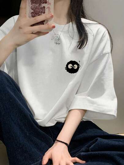 女士休闲宽松圆领卡通印花短袖T恤，春夏百搭白色