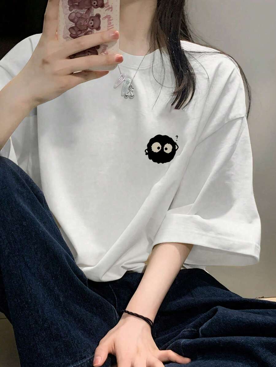 女士休闲宽松圆领卡通印花短袖T恤，春夏百搭白色 - 白色 - 查看 1