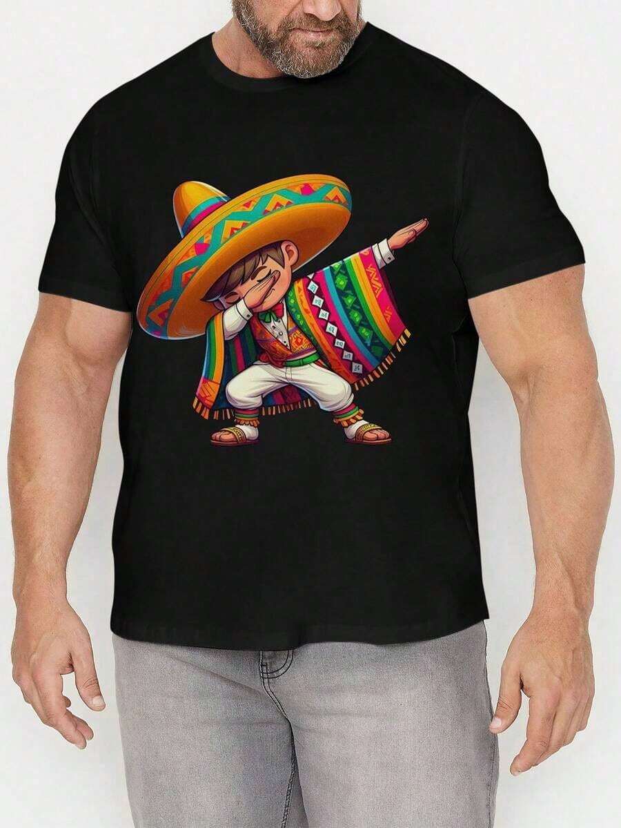 Camiseta casual para hombre con un diseño vibrante de un niño mexicano - estampado "Viva México", mangas cortas, cuello redondo, material ligero y elástico, adecuada para primavera y verano, perfecta para un estilo casual de verano. | Camiseta con estampado llamativo | Estilo cómodo, talla mediana a grande - Negro - Ver 1