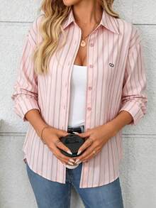 Women's Striped Embroidered Long Sleeve Single-Breasted Loose Casual Shirt Pink Spring - Pink - View 2