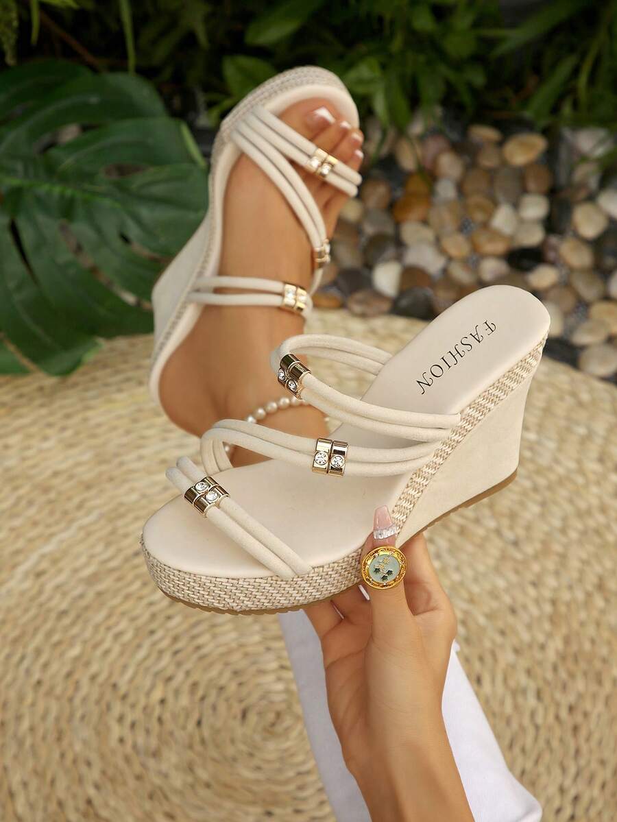 Women's Rhinestone Decor Wedge Sandals, Woven Trim Open Toe Slip-On Wedge Sandals, Summer Slide Wedge Sandals Suitable For Vacation - Beige - View 1