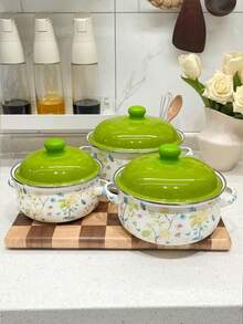 1 set peralatan masak enamel multifungsi ukuran 16-20cm, ringan dengan tutup kaca, termasuk panci sup, panci rebusan, dan wajan anti lengket, mudah dibersihkan, cocok untuk kompor gas dan induksi, tahan lama, set panci masak penting untuk dapur rumah dan restoran. - View 6