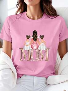 Camiseta de manga corta estampada para mujer, talla grande, especial para el Día de la Madre - Camiseta con estampado de letras doradas para madre e hija, camiseta casual de manga corta con cuello redondo y diseño conmovedor, tejido suave, perfecta para mamás, ropa casual.Camiseta con diseño conmovedor, elegante y estampada, camiseta de mujer, adecuada para uso diario, Día de la Madre, actividades al aire libre, ocasiones informales y festivas. - Color rosa - Ver 1