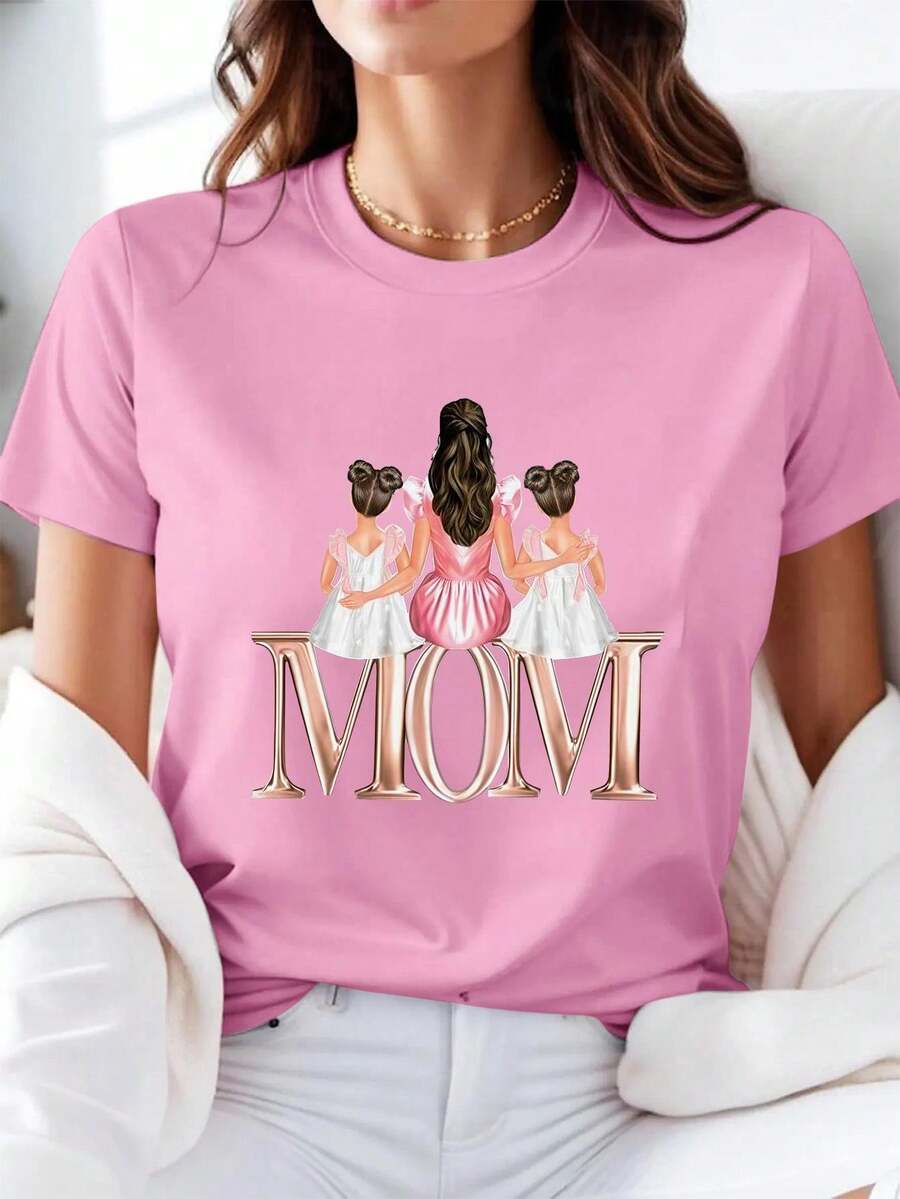 Camiseta de manga corta estampada para mujer, talla grande, especial para el Día de la Madre - Camiseta con estampado de letras doradas para madre e hija, camiseta casual de manga corta con cuello redondo y diseño conmovedor, tejido suave, perfecta para mamás, ropa casual.Camiseta con diseño conmovedor, elegante y estampada, camiseta de mujer, adecuada para uso diario, Día de la Madre, actividades al aire libre, ocasiones informales y festivas. - Color rosa - Ver 1