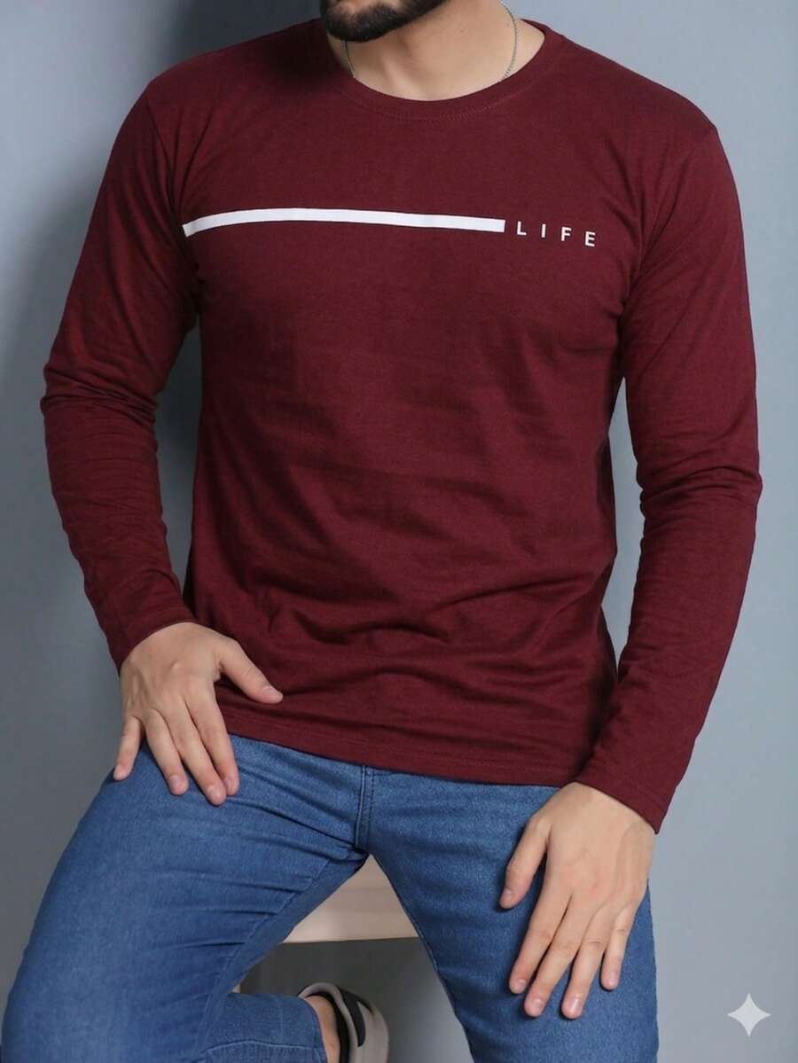 Men's Long-Sleeved T-Shirt, Basic Shirt Without A Hood, LIFE Print. - 酒紅色 - 查看 1