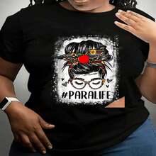 1 pieza de  playera para hombre y mujer, 100% algodón puro, cuello redondo casual con estampado, manga corta transpirable para uso diario, con dise?o de peinado divertido y desordenado en el estilo de profesor ayudante playera - Negro - Ver 2