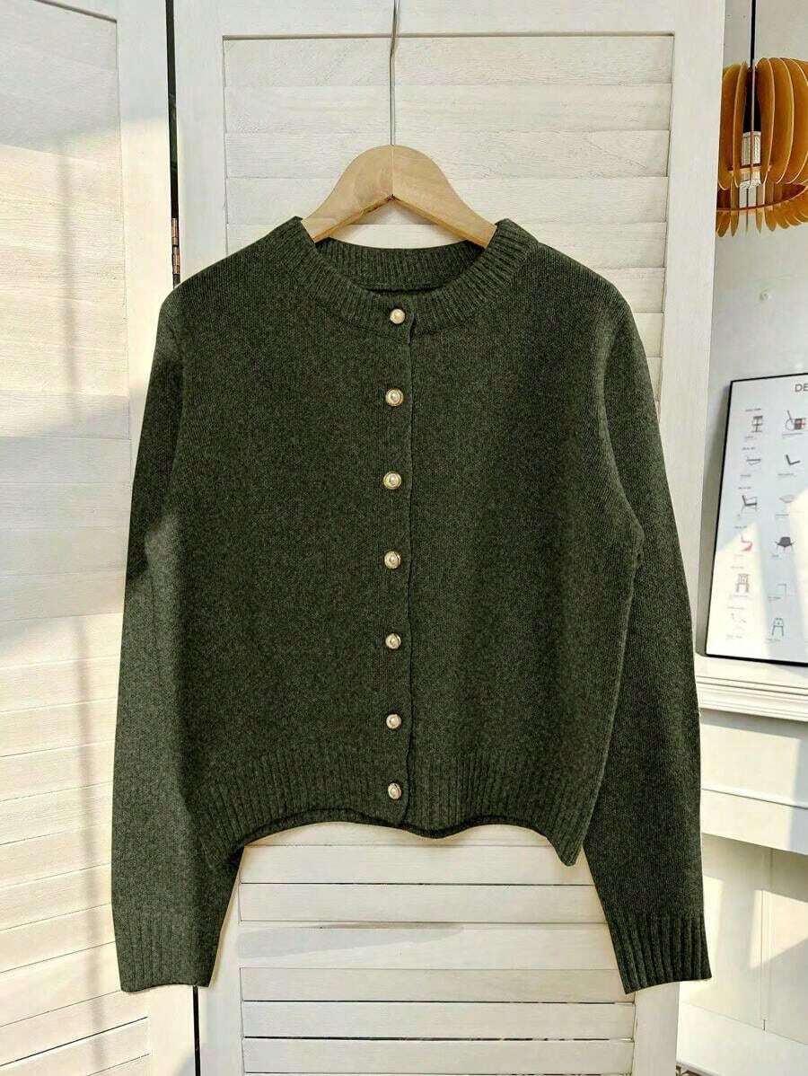 Cárdigan elegante y minimalista de cuello redondo, manga larga y un solo botonadura para mujeres, para otoño e invierno, tops de manga larga - Verde militar - Ver 1