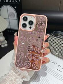 1pc Pink Smiling Face Design Spray Oil Skin Feel Rhinestone Mirror Inlaid Anti-Drop 2-In-1 Phone Case Suitable For 14promax/17promax/15promax - Pink - View 5