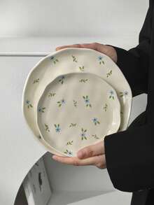 1 件 INS 风格可爱蓝色碎花陶瓷餐盘，手工捏制不对称釉面食物拼盘，家用餐具，牛排意大利面沙拉甜点水果盘，送给男朋友/女朋友的节日礼物 - 彩色 - 查看 9