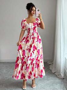 Women's Dress With Petal Sleeve Design, Square Neck And Fitted Waist With Print - 彩色 - 查看 6