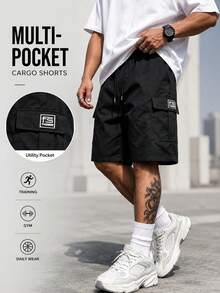 [High Street] Minimalist Multi-Pocket Solid Color Functional Cargo Shorts, Straight Leg Casual Shorts With Adjustable Drawstring Waist Sports - Black - View 2