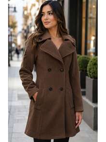 Elegant Long Wool Women's Coat, Double Button Overcoat, Tailored Casual Chic, Stylish Women's Fashion - 鏽棕色 - 查看 2