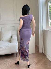 xheFeyla Vestido elegante largo y ajustado con estampado floral y pliegues para mujerxhe - Morado - Ver 3