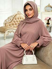 1 chiếc Abaya tay phồng kín đáo, áo choàng thanh lịch dành cho phụ nữ Hồi giáo, kiểu Trung Đông, eo xếp ly, váy công sở trang nhã dành cho người Hồi giáo, phù hợp cho phụ nữ mặc hàng ngày, mọi mùa. - Nhiều màu - Xem 5