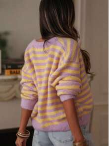 Women's Striped Knit Ribbed Button-Front Long Sleeve Cardigan, Elegant Casual For Daily Wear, Country Concert, Vacation, Spring, Autumn, Winter Fall - Mauve Purple - View 6