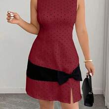 YijiaNvz  Vestido mini de punto de línea A con contraste de lunares y lazo, elegante y sin mangas, para mujer de talla grande, primavera/verano - Albaricoque - Ver 8