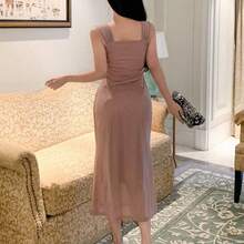 guang zhou mi qian shang mao  Vestido elegante de unicolor con hombros descubiertos y malla hasta la pantorrilla para mujer, vestido de fiesta, vestido de verano, vestido largo - Rosa - Ver 3