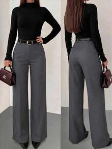 Women's Solid Color Skinny Fitted Straight Leg Pants, Elegant Vacation & Commute Style, No Belt - Grey - View 1