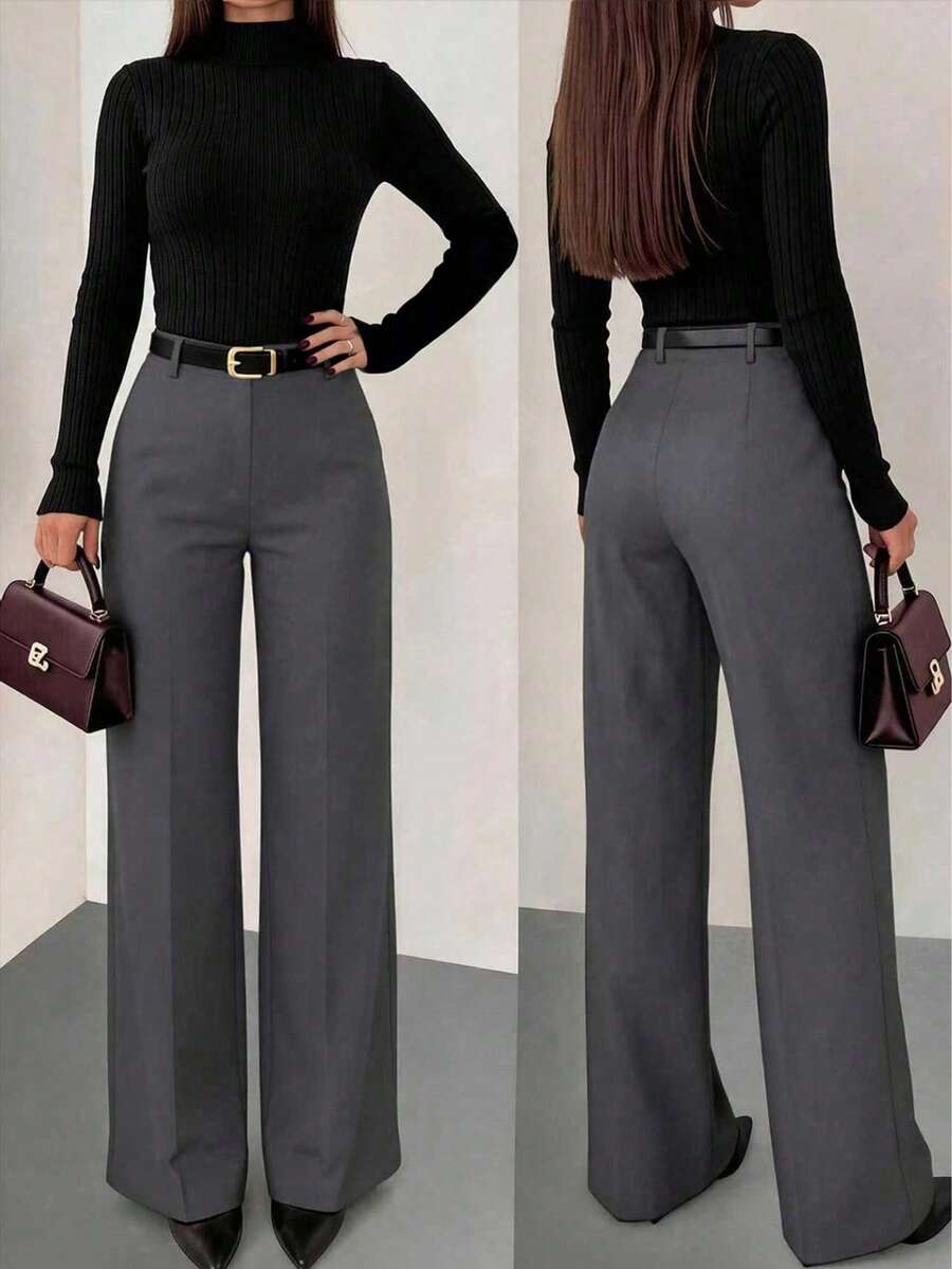 Women's Solid Color Skinny Fitted Straight Leg Pants, Elegant Vacation & Commute Style, No Belt - Grey - View 1