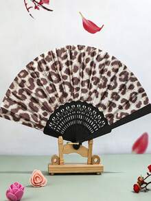 1 pieza Nuevo abanico plegable de seda con estampado de leopardo y mango negro - Multicolor - Ver 5