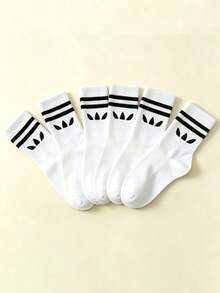 1/5 pares de calcetines unisex a rayas blancas de media pantorrilla, deportivos casuales minimalistas cómodos versátiles para uso diario, atuendo de vuelta a la escuela, adecuados para todas las estaciones - Blanco - Ver 3