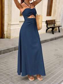 xheBrillora Vestido ajustado sin mangas con diseño calado de unicolor para mujer, de veranoxhe - Azul marino - Ver 5