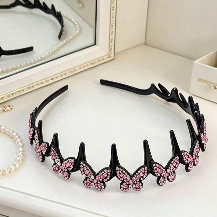 1pc Elegant Wave Headband With Synthetic Zirconia Decorated Butterfly, Non-Slip Plastic Hair Hoop For Women, Durable Fashion Hair Accessory Suitable For All Seasons, Suitable For Daily Face Washing And Formal Occasions - Multicolor - View 1