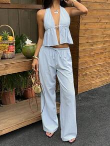 2 piezas Conjunto casual de vacaciones para mujer con top halter sin espalda y pantalones en color caqui tejido - Azul y blanco - Ver 6