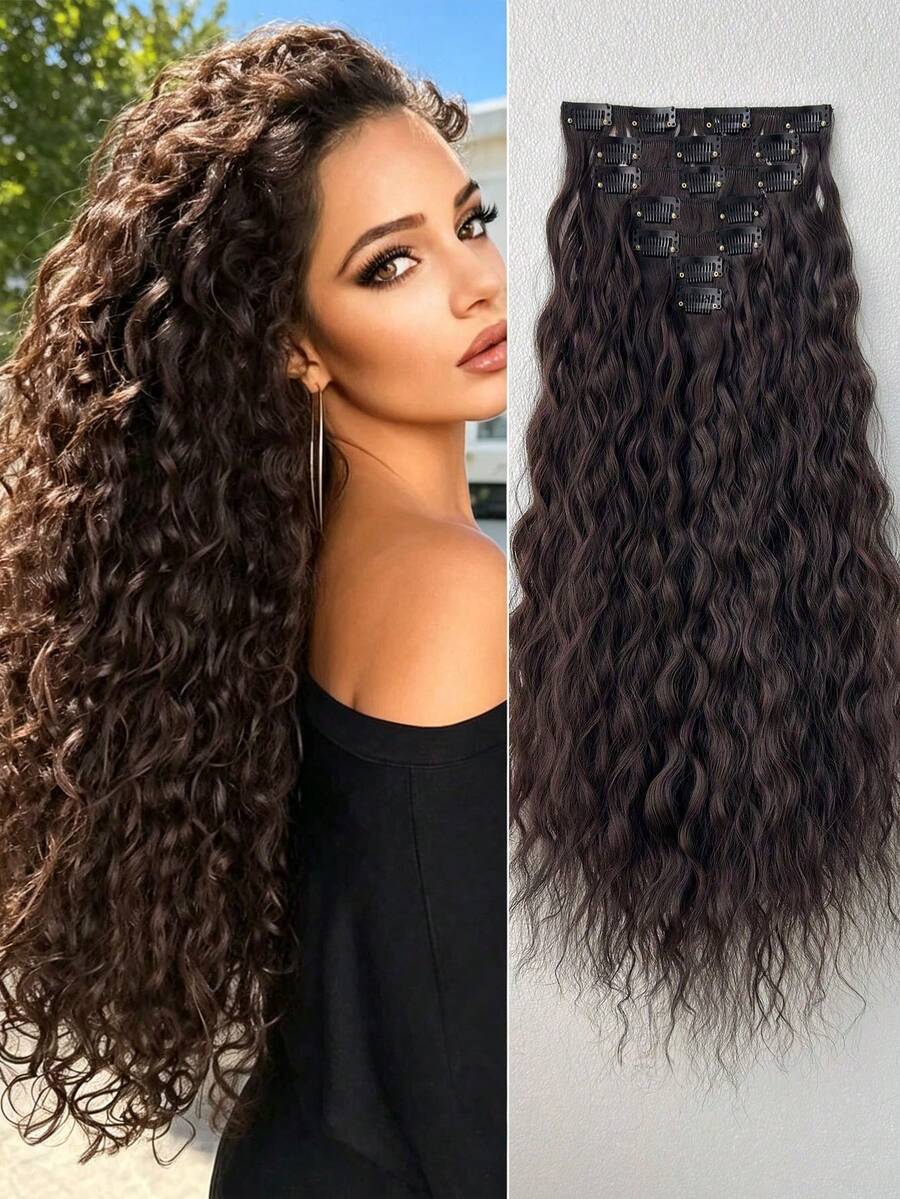 16pcs 22-Inch Brown Clip-In Hair Extensions, Curly Synthetic Full Head Hair Extensions Set For Women, 7pcs/Set - Brown - View 1