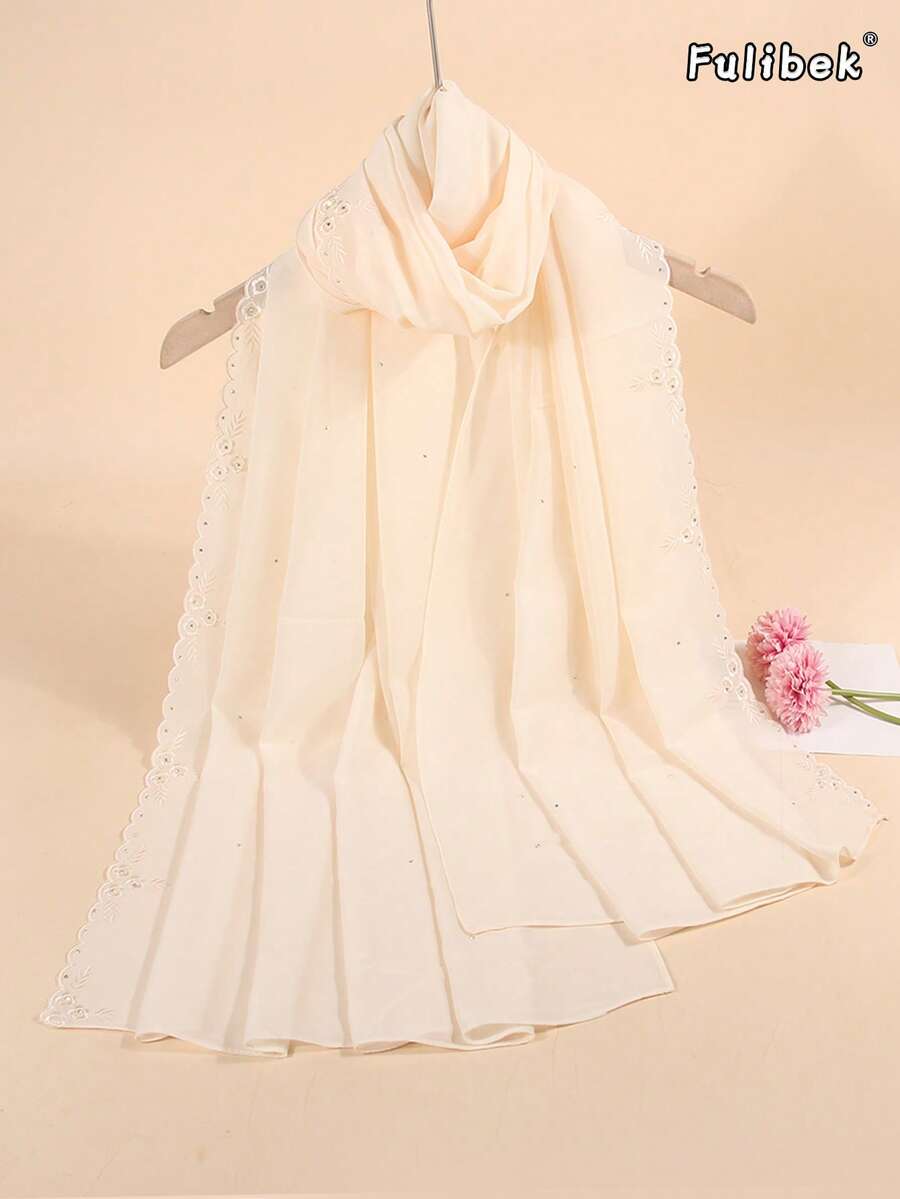 1pc New Elegant Women's Headscarf Shawl, Rhinestone Embroidered Floral Trim Scarf, Lightweight & Breathable, Suitable For All Seasons, Applicable For Parties, Galas And Various Occasions - Beige - View 1