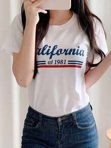 Round Neck T-Shirt With Letter Graphic For Summer - Black - View 8