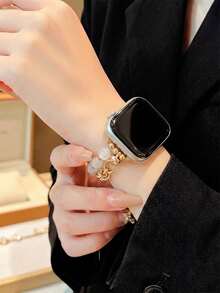 高級天然石英錶帶，適用於 38/40/41/42/44/45/46/49mm，適合 Ultra/SE 2/SE 1/Series 11/10/9/8/7/6/5/4/3/2/1 - 金白貓眼 - 查看 3