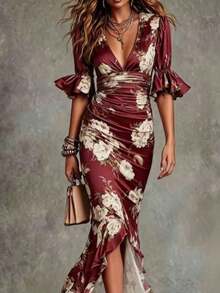 Women's Floral Print Satin Midi Dress, Ruched Bodycon Dress, High Slit Ruffle Hem Cocktail Dress, Elegant Evening Party Formal Dress, Fitted Floral Print Satin Party Dress - 綠色 - 查看 9