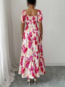 Women's Dress With Petal Sleeve Design, Square Neck And Fitted Waist With Print - 彩色 - 查看 2