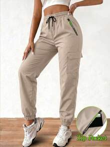 Women's Outdoor Cargo Pants, Lightweight Casual Sports Trousers With Large Pockets For Spring/Summer, Suitable For Outdoor Hiking And Daily Wear, With Zipper Pockets And Drawstring - Apricot - View 2