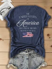 Women's Since 1776 USA Vintage Flag Letter Double‑Sided Print T‑Shirt, 180G Casual Summer Tops, Elegant, Summer Outfits For Women, 4th Of July Outfit - 藏藍色4 - 查看 3